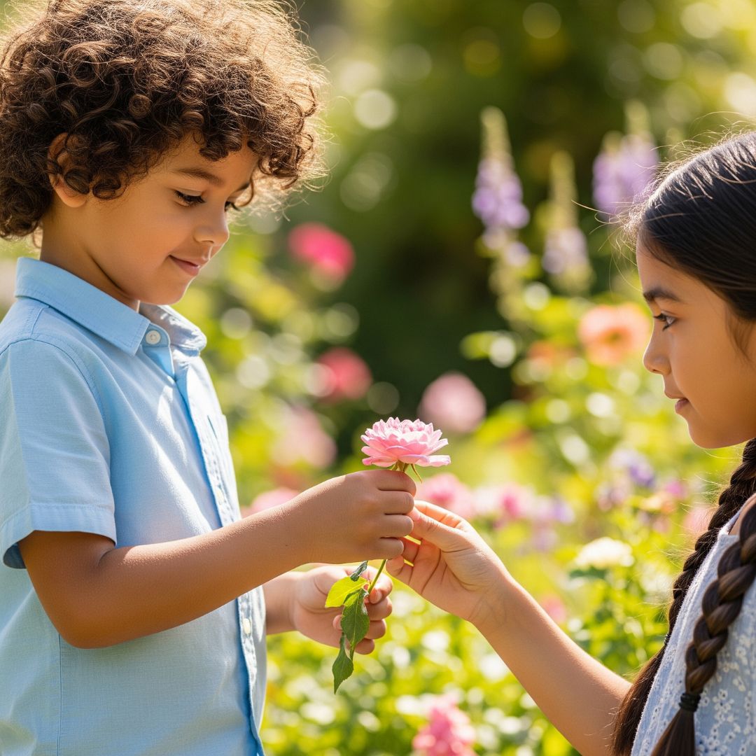 One young child gently gives a flower to another in a peaceful garden setting.