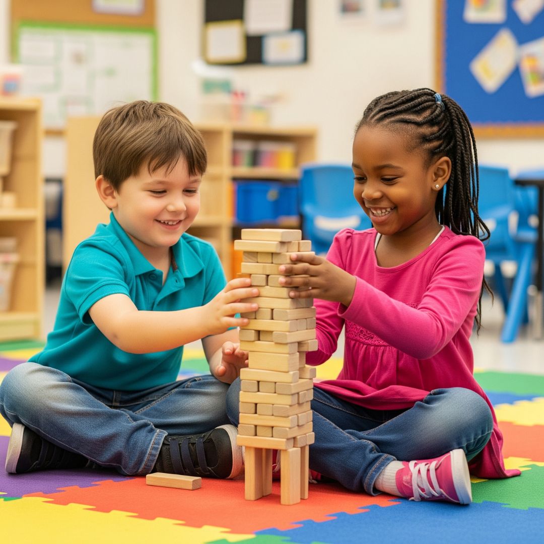 Two smiling children work together to build a tall wooden block tower in their classroom.