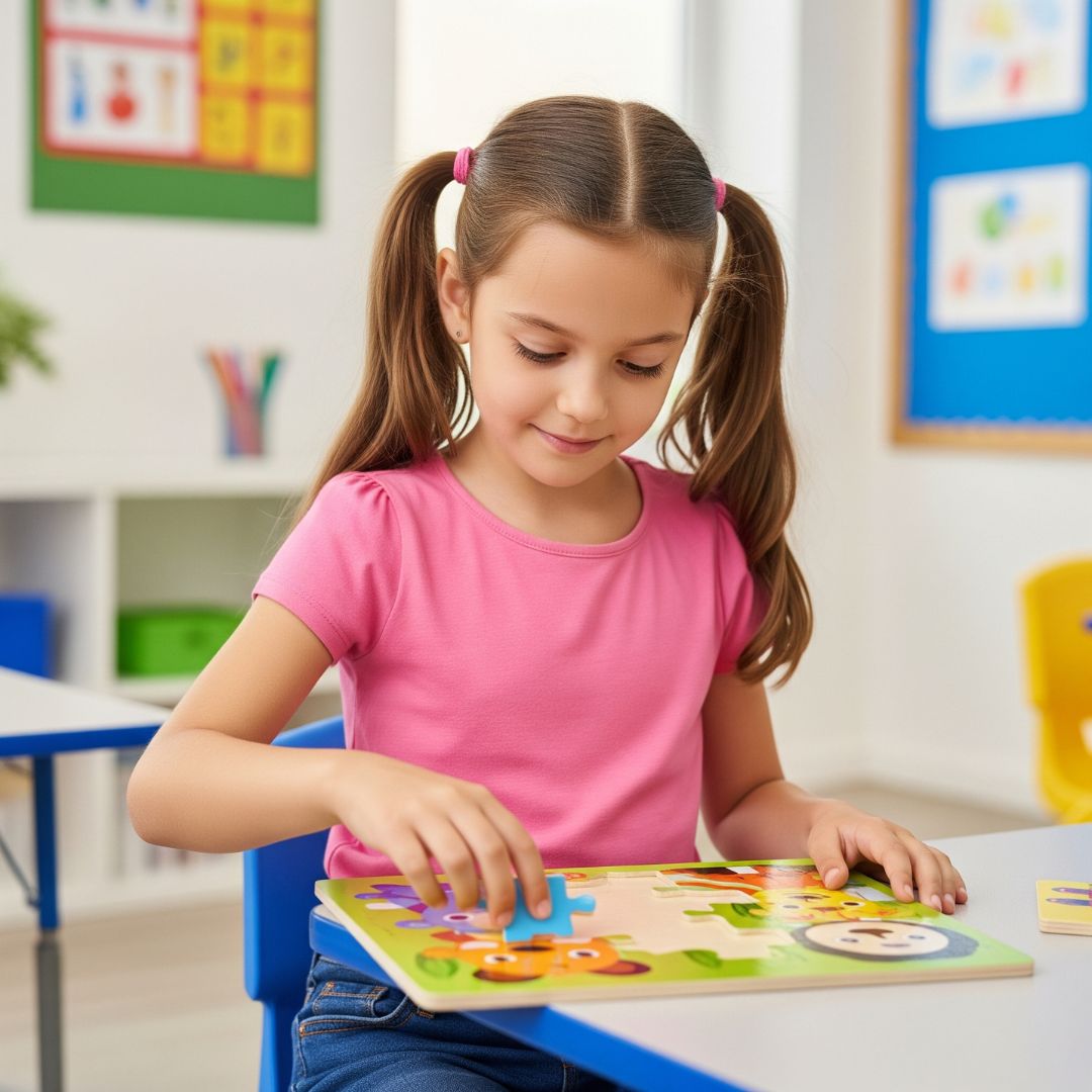 A young girl feels a sense of accomplishment after finishing a puzzle in her Montessori classroom.