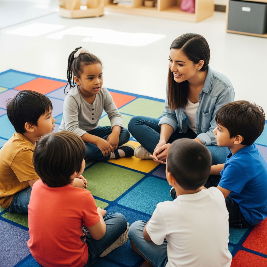 A small, diverse group of children and a teacher listen respectfully during circle time.