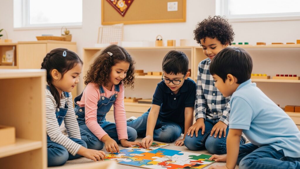 A diverse group of young children collaborating on a floor puzzle in a bright Montessori School of Chantilly classroom.