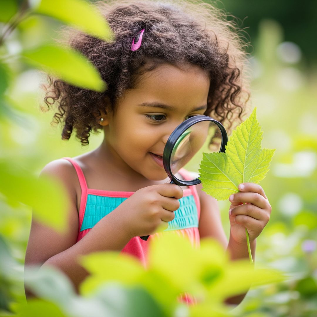 A young girl intently examining a green leaf with a magnifying glass in a garden.