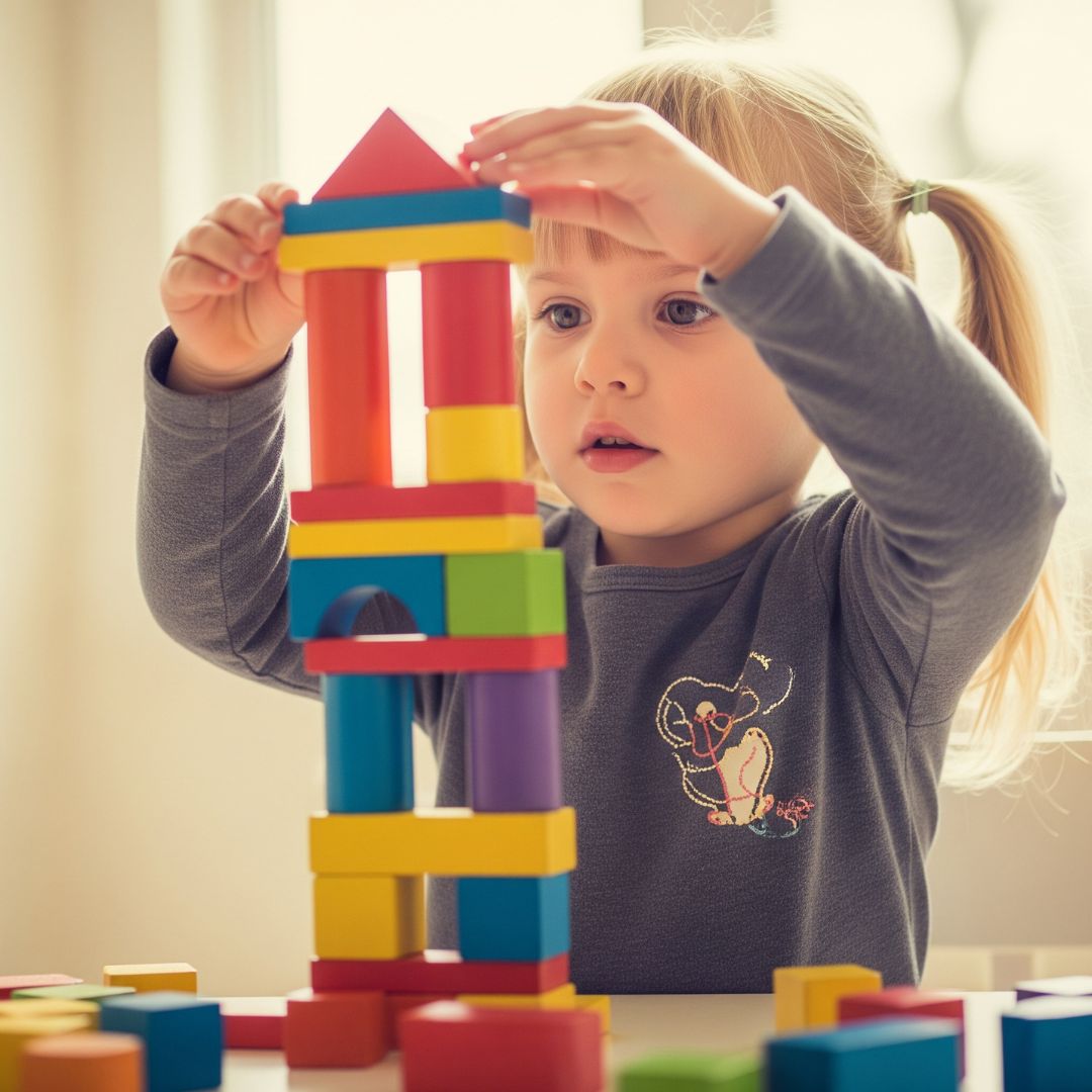 A young child with pigtails concentrating on building a colorful tower with wooden blocks.