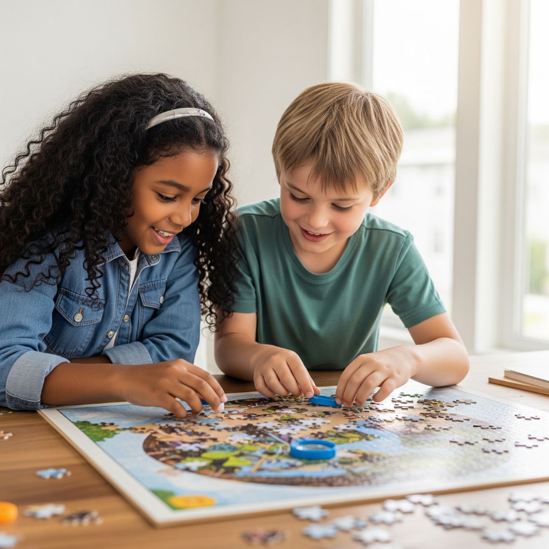 Two young children, a boy and a girl, working together to solve a large floor puzzle.