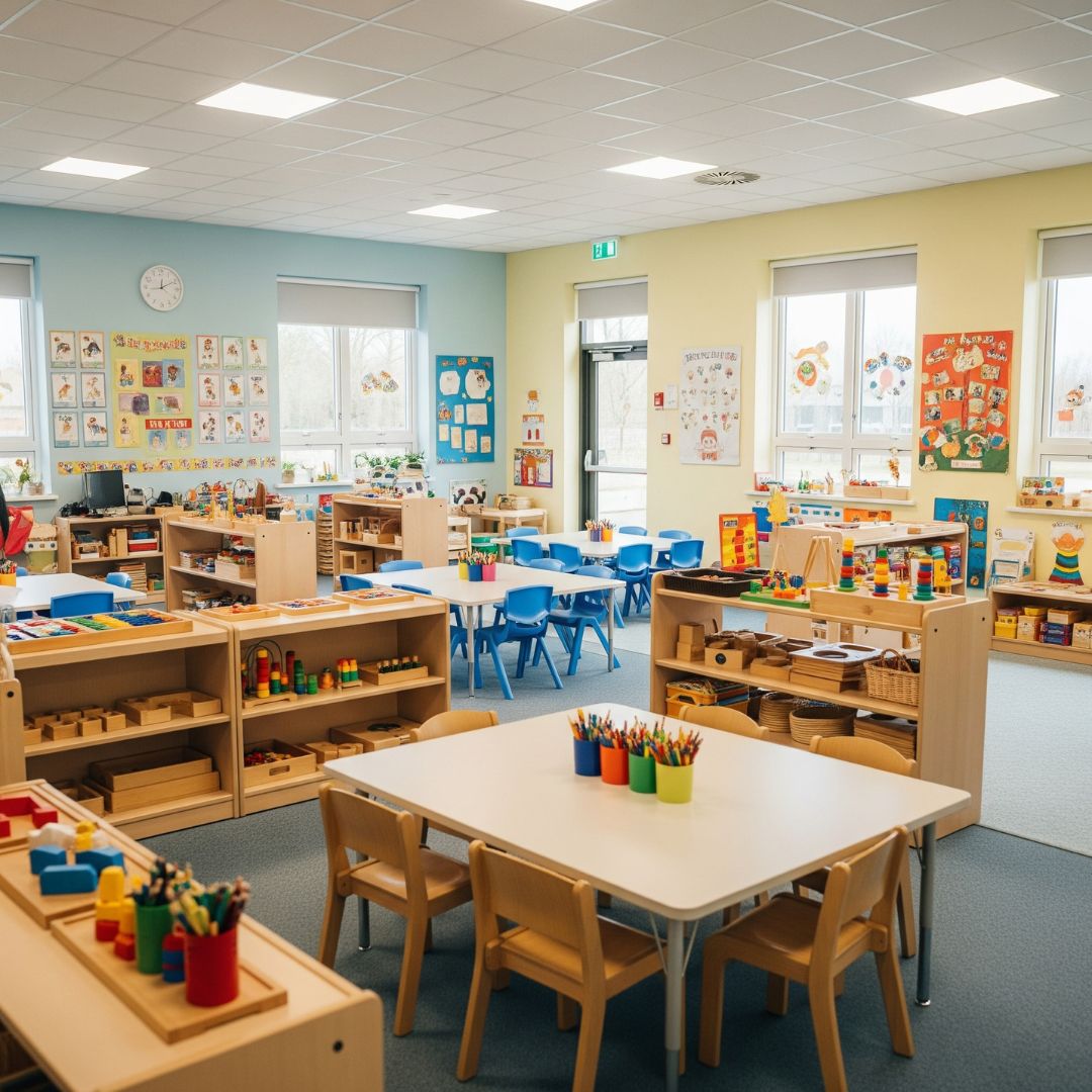 A bright, organized, and inviting Montessori classroom with various learning materials on shelves.