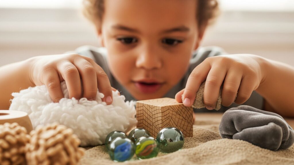 A close-up of a child's hands exploring various textured objects, symbolizing curiosity and sensory learning.
