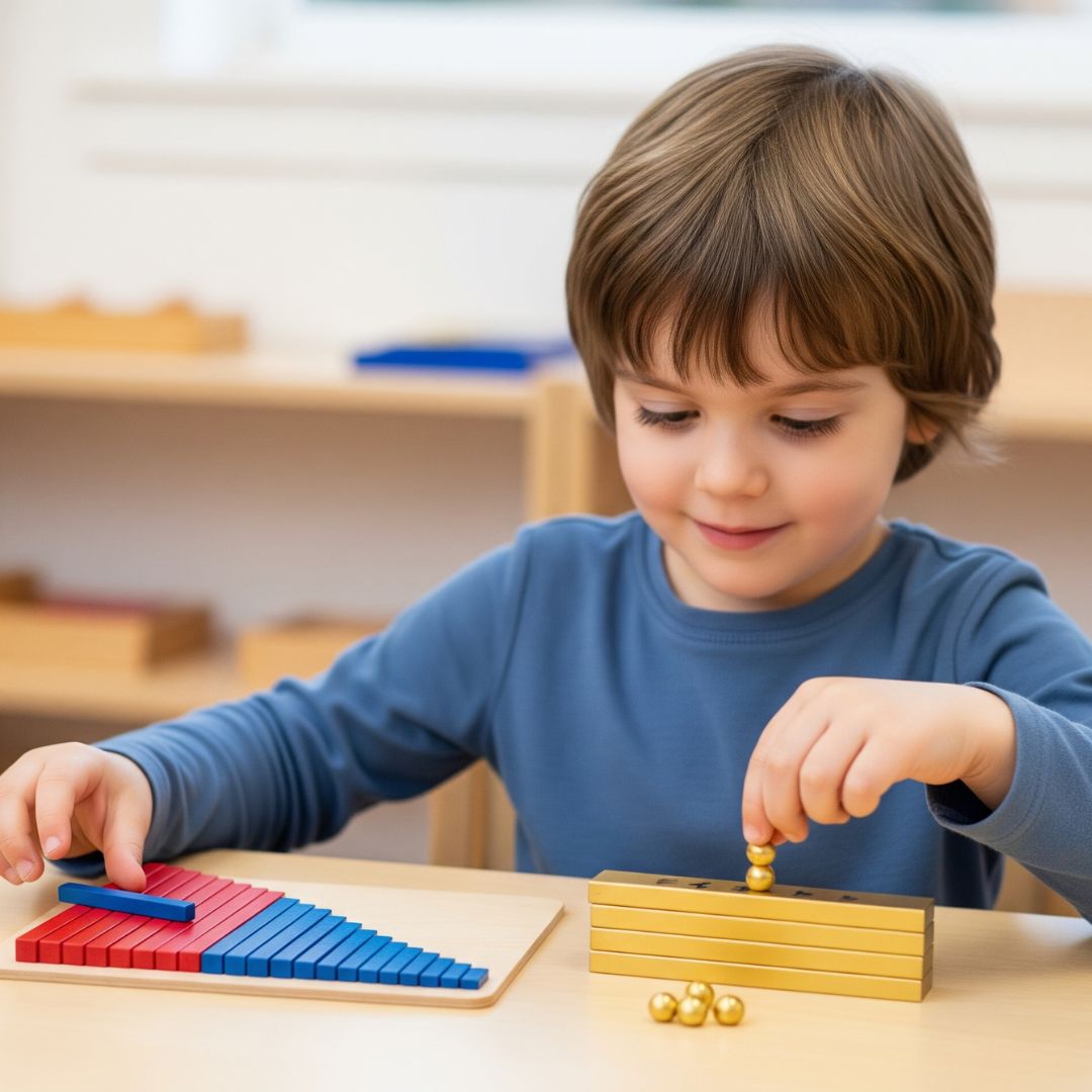 A child confidently working with Montessori math materials.