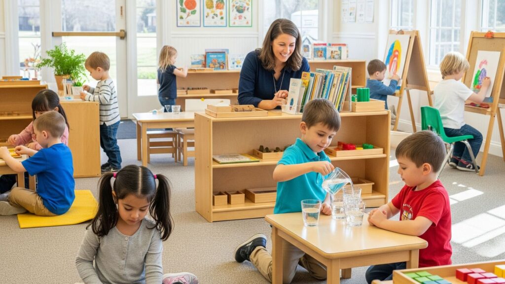 Children engaged in various activities within a bright Montessori classroom at Montessori School of Chantilly.