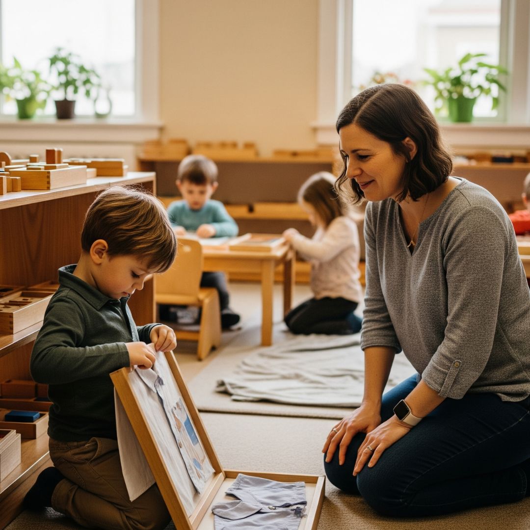 A parent observing their child in a Montessori classroom.