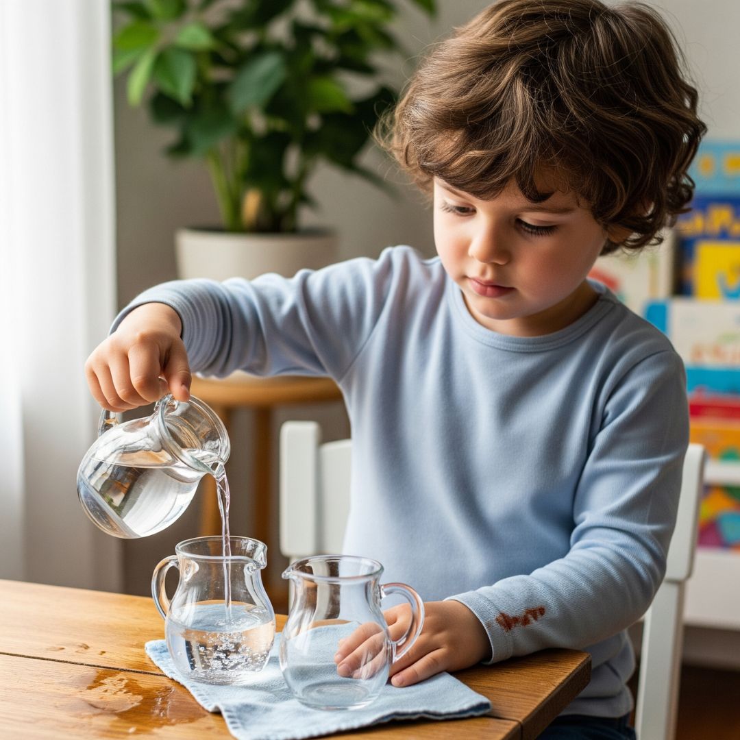 A young child carefully pouring water from one pitcher to another.