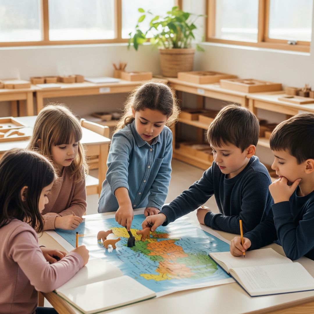 Children collaborating on a group project in a Montessori setting.