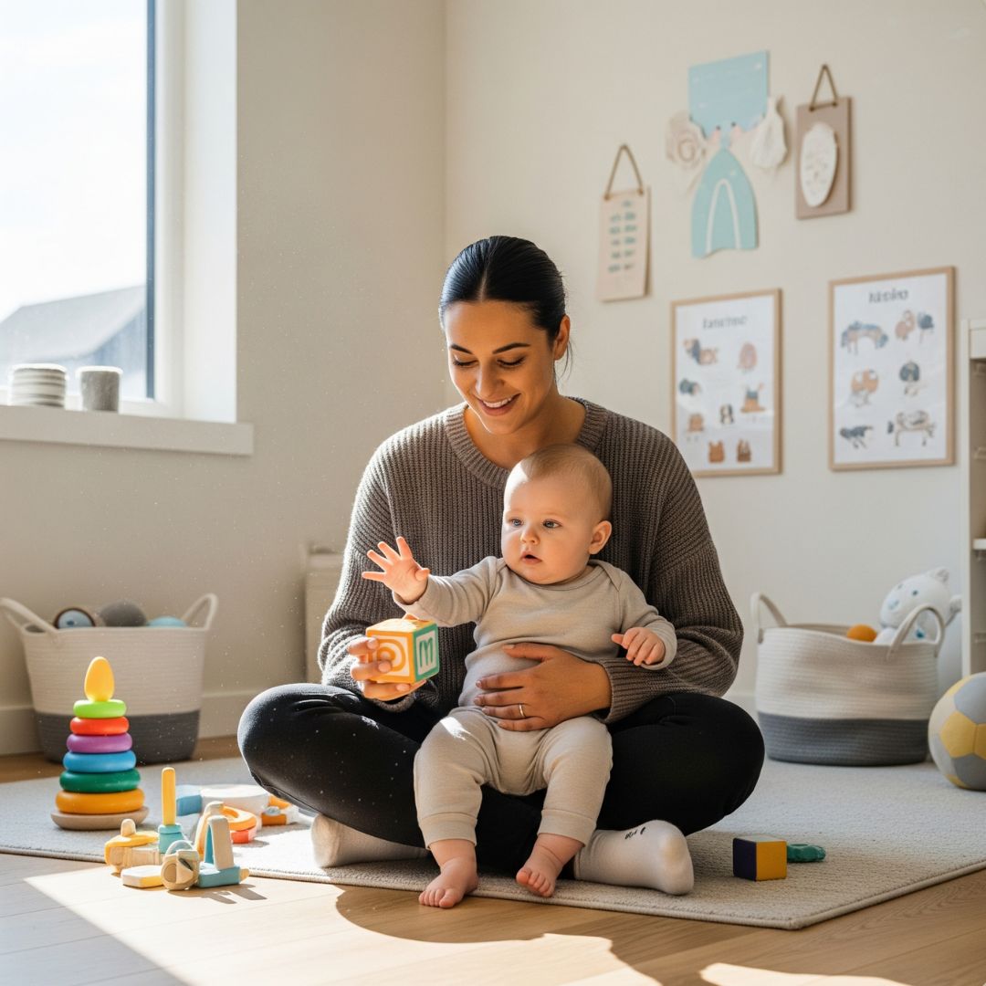 A caregiver gently interacting with an infant in a clean, safe environment.