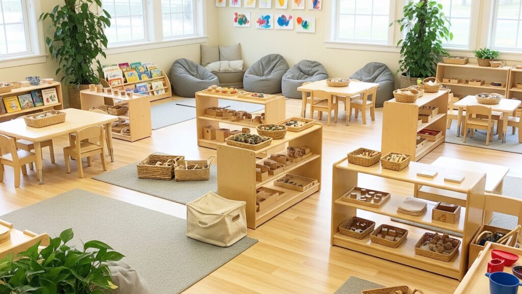 early childhood classroom, many wooden toys and more