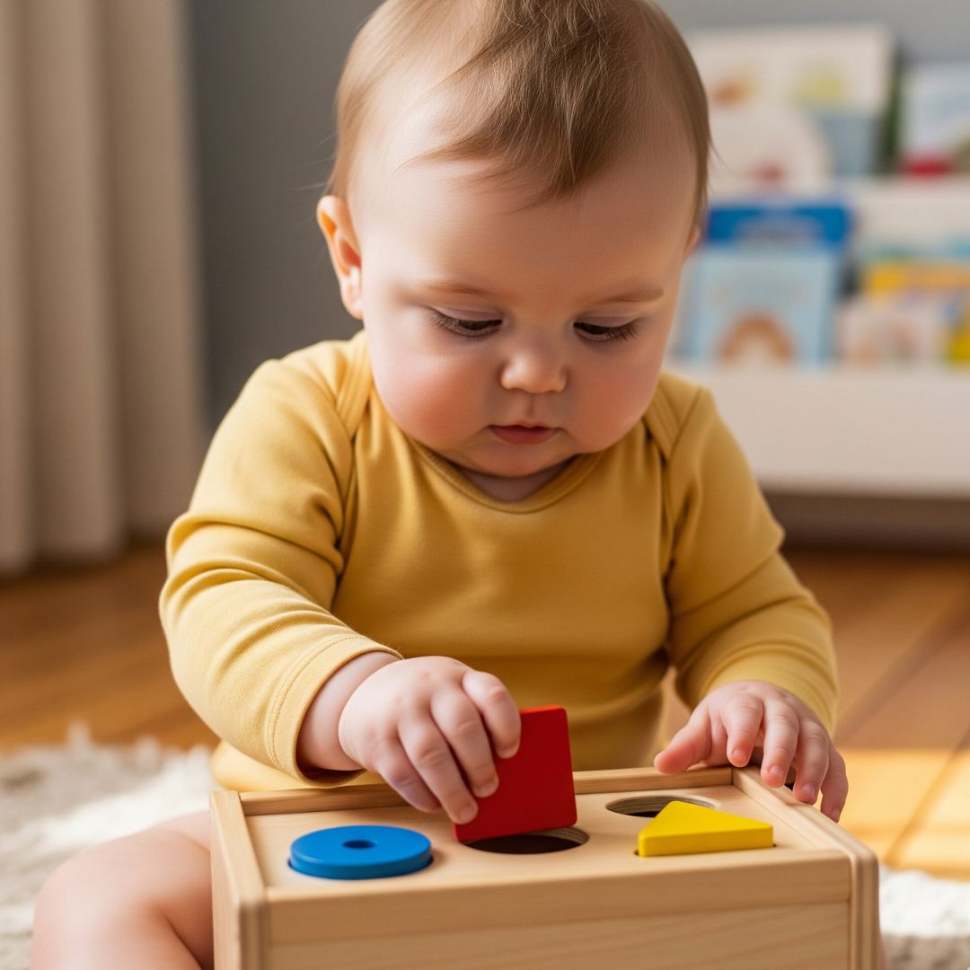 An infant exploring a wooden Montessori toy.
