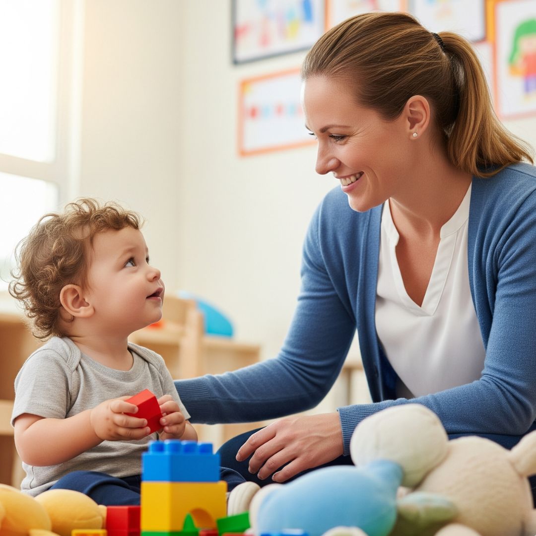 An educator smiling warmly at a toddler.