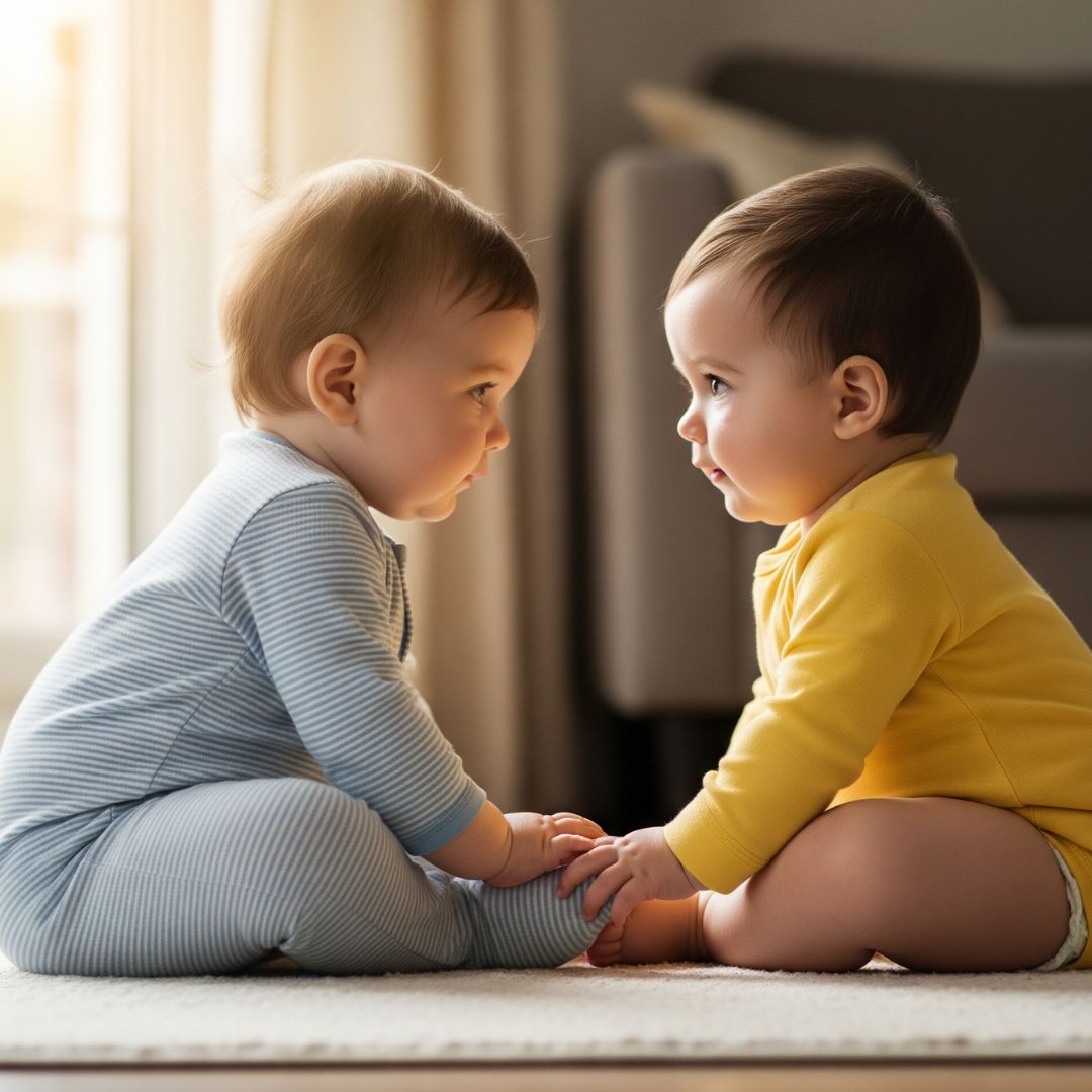 Two infants sitting side-by-side, observing each other.