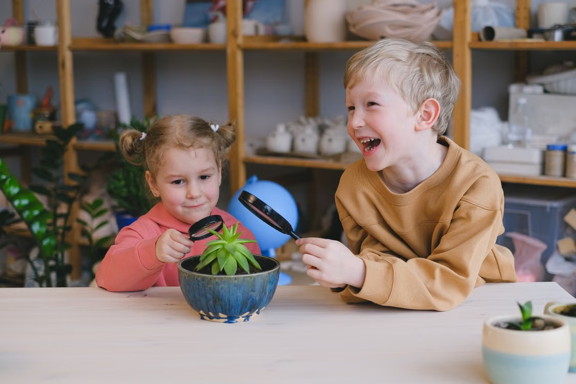 Two children exploring a potted plant with magnifying glasses.
